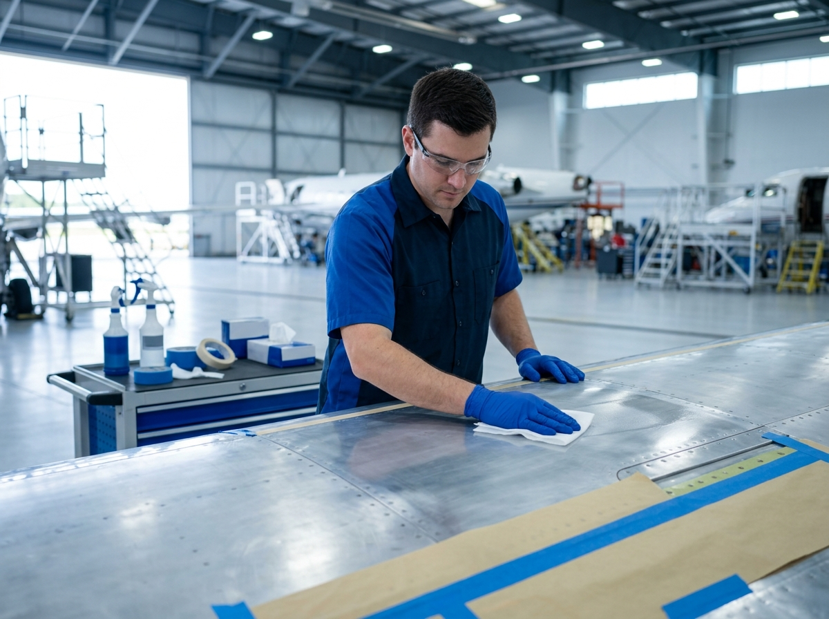 Technician preparing an aircraft metal surface before painting