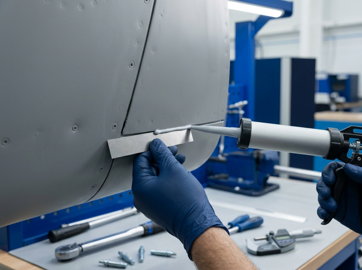 Metallic shim and sealant applied during aircraft assembly